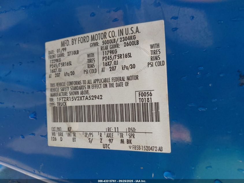 1999 Ford Ranger Xl/Xlt VIN: 1FTZR15V2XTA52942 Lot: 43315761