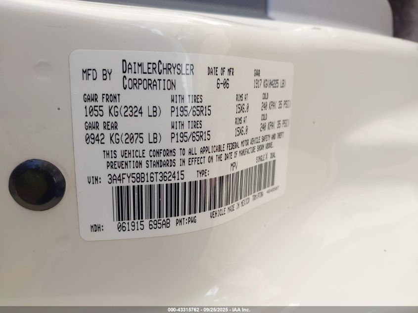 2006 Chrysler Pt Cruiser Touring VIN: 3A4FY58B16T362415 Lot: 43315762