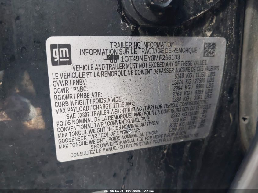 2021 GMC Sierra 2500Hd 4Wd Long Bed Slt/4Wd Standard Bed Slt VIN: 1GT49NEY8MF256103 Lot: 43315769