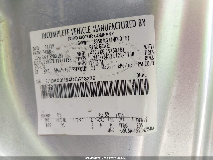 2013 Ford F-350 Chassis Xlt VIN: 1FD8X3H64DEA18370 Lot: 43315771