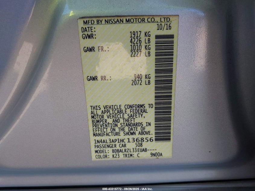 2017 NISSAN ALTIMA 2.5 SL - 1N4AL3AP1HC136856