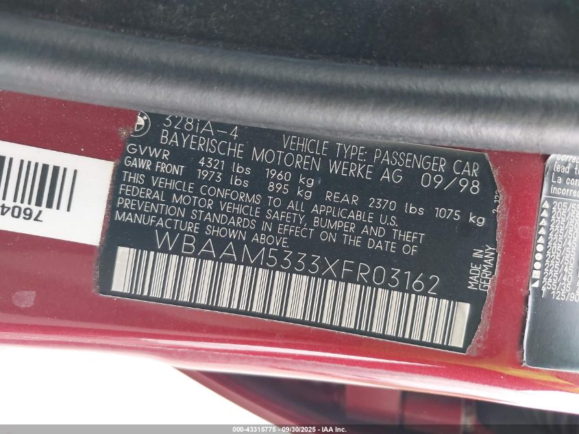 1999 BMW 328I VIN: WBAAM5333XFR03162 Lot: 43315775