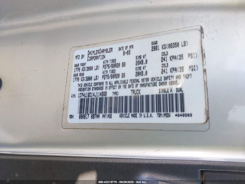 2004 Dodge Ram 1500 Slt/Laramie VIN: 1D7HU16D14J114568 Lot: 43315779