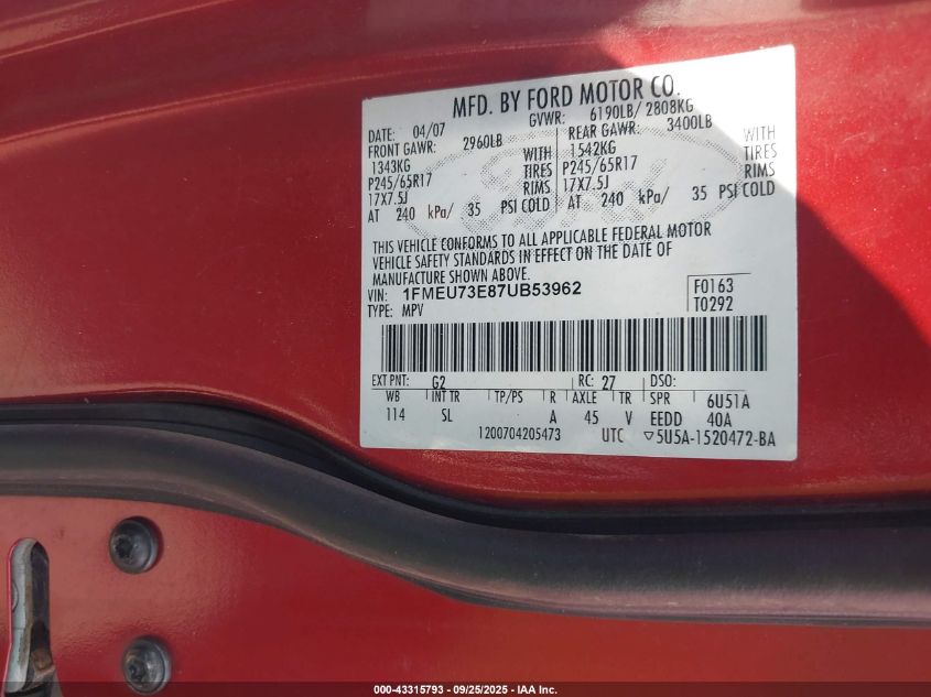 2007 Ford Explorer Xlt VIN: 1FMEU73E87UB53962 Lot: 43315793