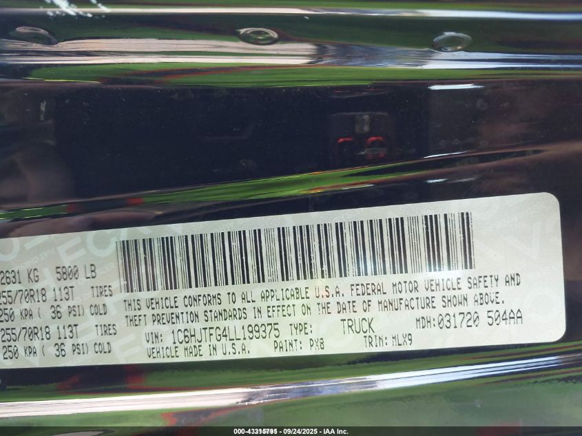 2020 Jeep Gladiator Overland 4X4 VIN: 1C6HJTFG4LL199375 Lot: 43315795