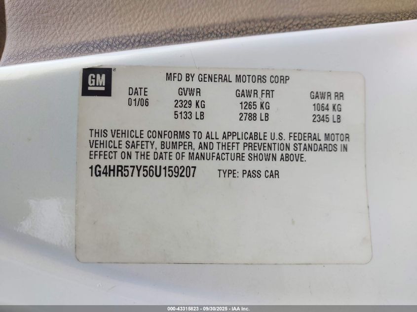 2006 Buick Lucerne Cxl VIN: 1G4HR57Y56U159207 Lot: 43315823