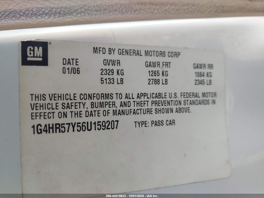 2006 Buick Lucerne Cxl VIN: 1G4HR57Y56U159207 Lot: 43315823