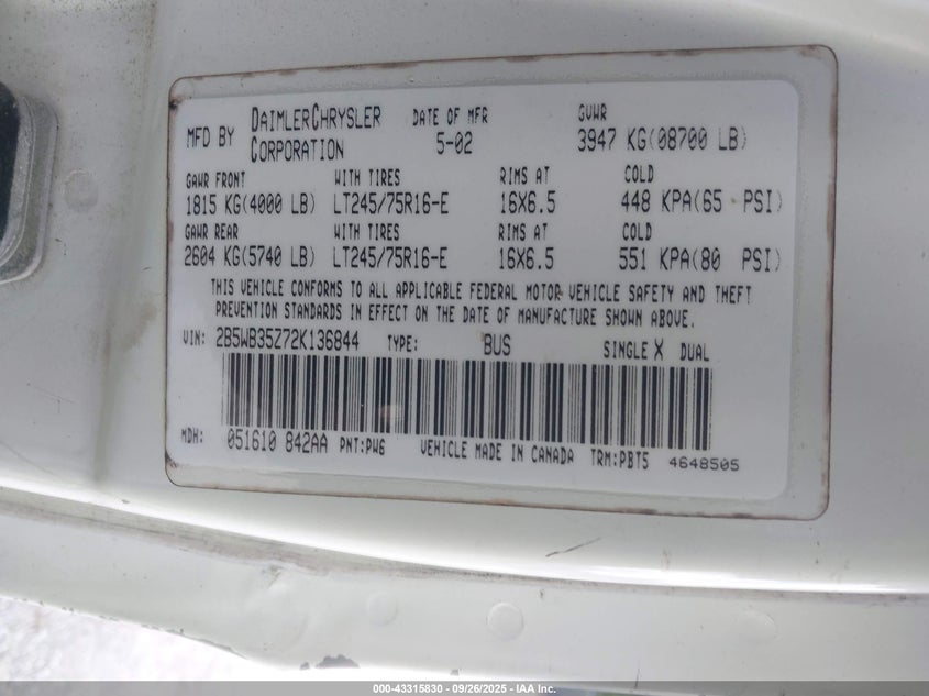 2B5WB35Z72K136844 2002 DODGE  photo no. 9