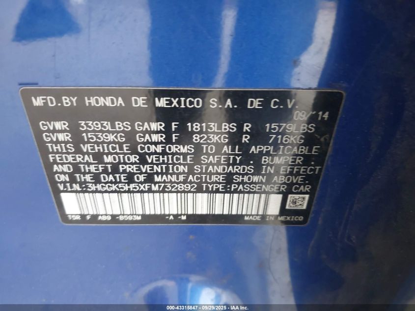 2015 Honda Fit Lx VIN: 3HGGK5H5XFM732892 Lot: 43315847