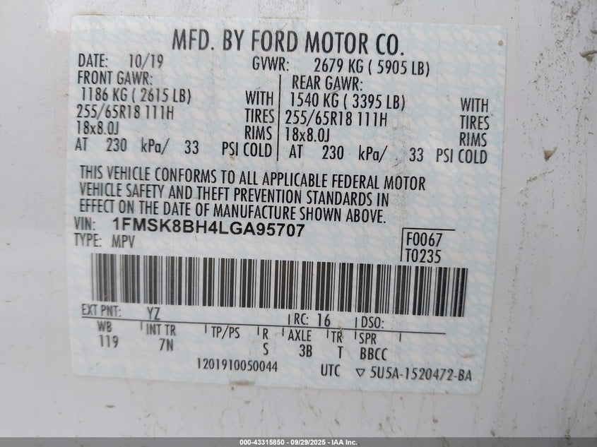 2020 FORD EXPLORER - 1FMSK8BH4LGA95707