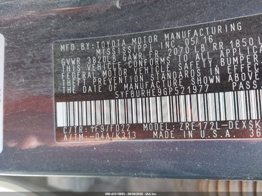 2016 Toyota Corolla S Plus VIN: 5YFBURHE9GP521977 Lot: 43315853