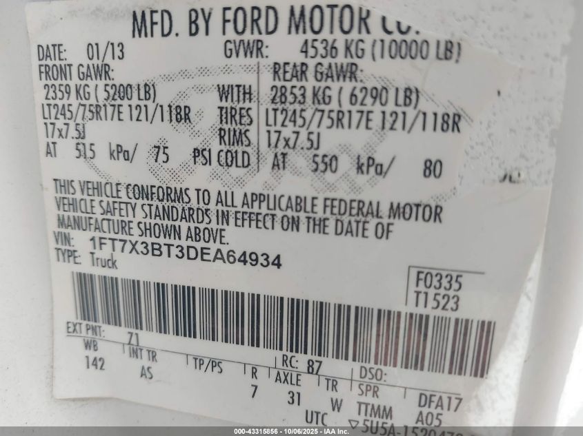 2013 Ford F-350 Xl VIN: 1FT7X3BT3DEA64934 Lot: 43315856