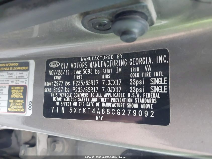 2012 Kia Sorento Lx VIN: 5XYKT4A68CG279092 Lot: 43315857