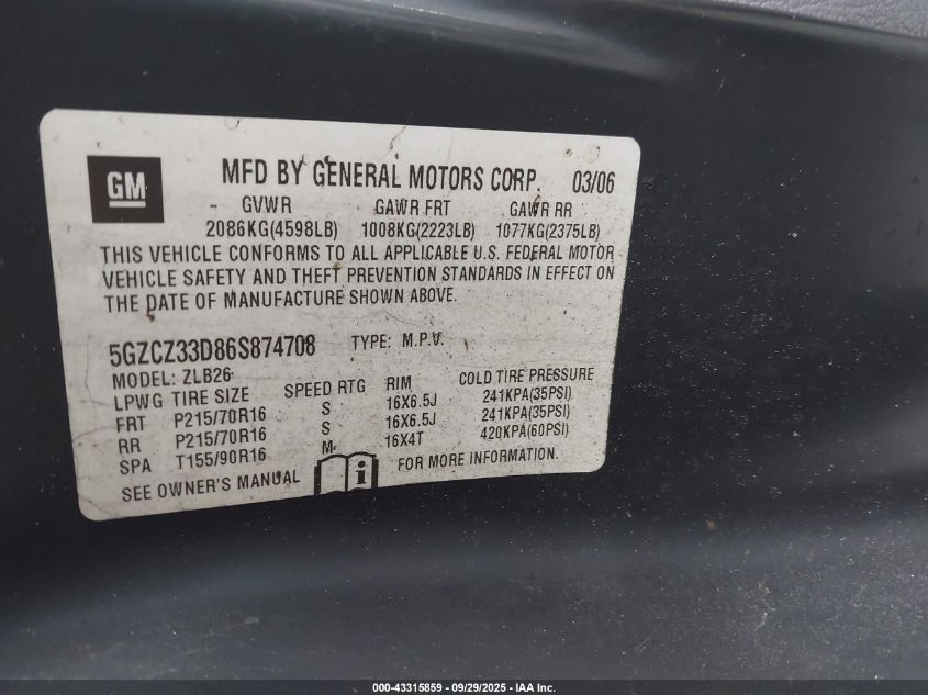 2006 Saturn Vue 4 Cyl VIN: 5GZCZ33D86S874708 Lot: 43315859