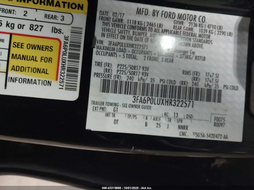 2017 Ford Fusion Hybrid Se VIN: 3FA6P0LUXHR322571 Lot: 43315868