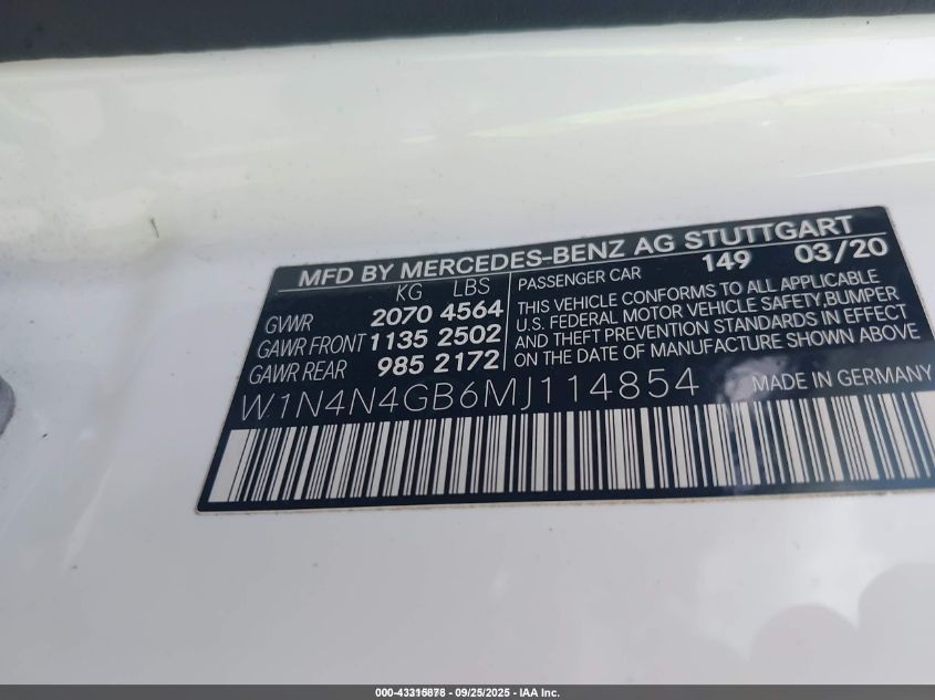 2021 Mercedes-Benz Gla 250 VIN: W1N4N4GB6MJ114854 Lot: 43315878
