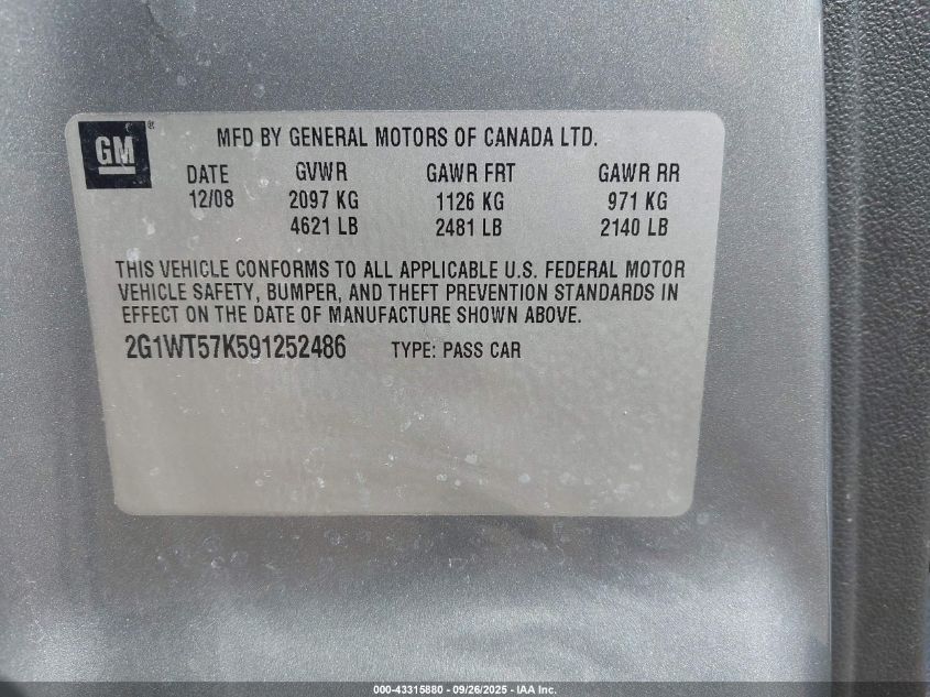 2009 Chevrolet Impala Lt VIN: 2G1WT57K591252486 Lot: 43315880