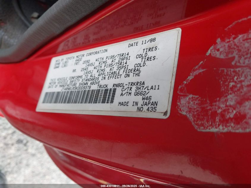 1989 Toyota Pickup 1/2 Ton Short Wheelbase VIN: JT4RN81R5K0009378 Lot: 43315911