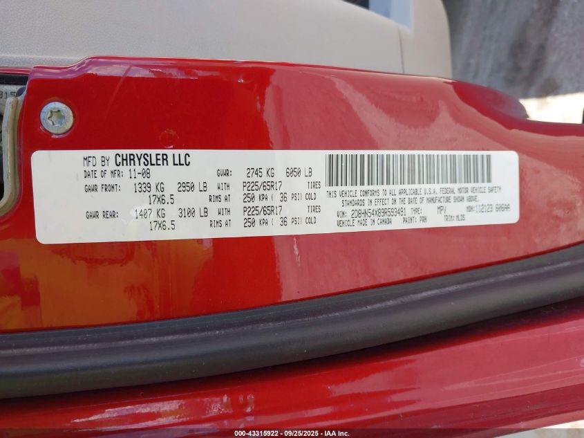 2009 Dodge Grand Caravan Sxt VIN: 2D8HN54X89R593491 Lot: 43315922