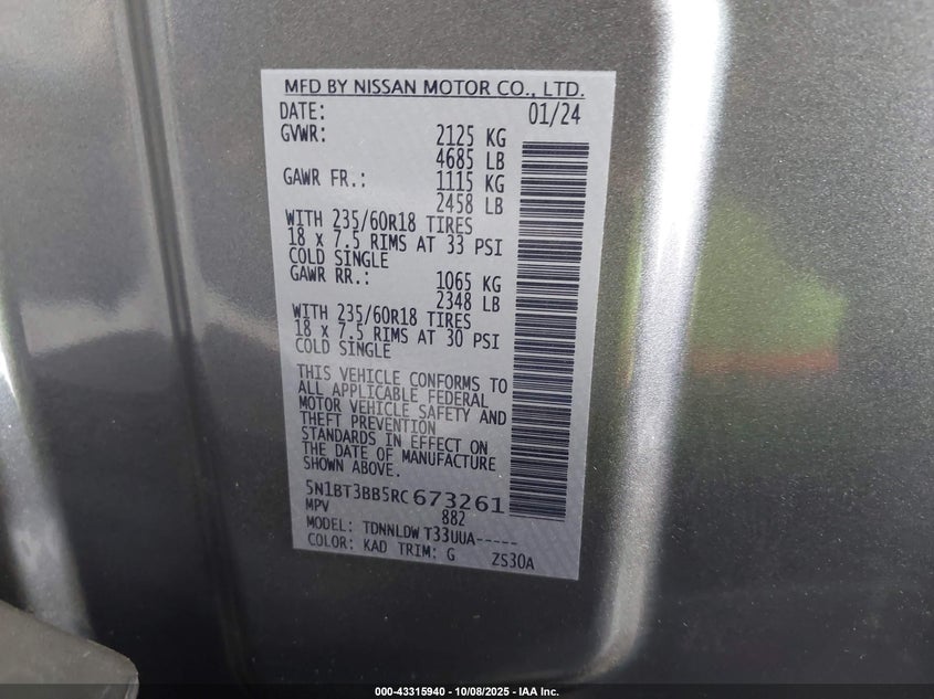 2024 Nissan Rogue Sv Intelligent Awd VIN: 5N1BT3BB5RC673261 Lot: 43315940