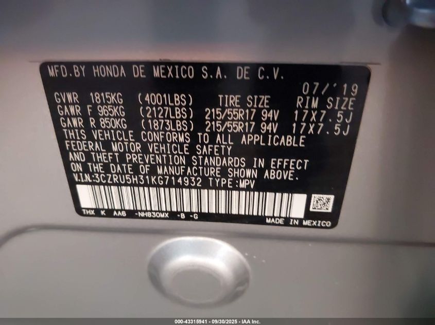 2019 Honda Hr-V Lx VIN: 3CZRU5H31KG714932 Lot: 43315941