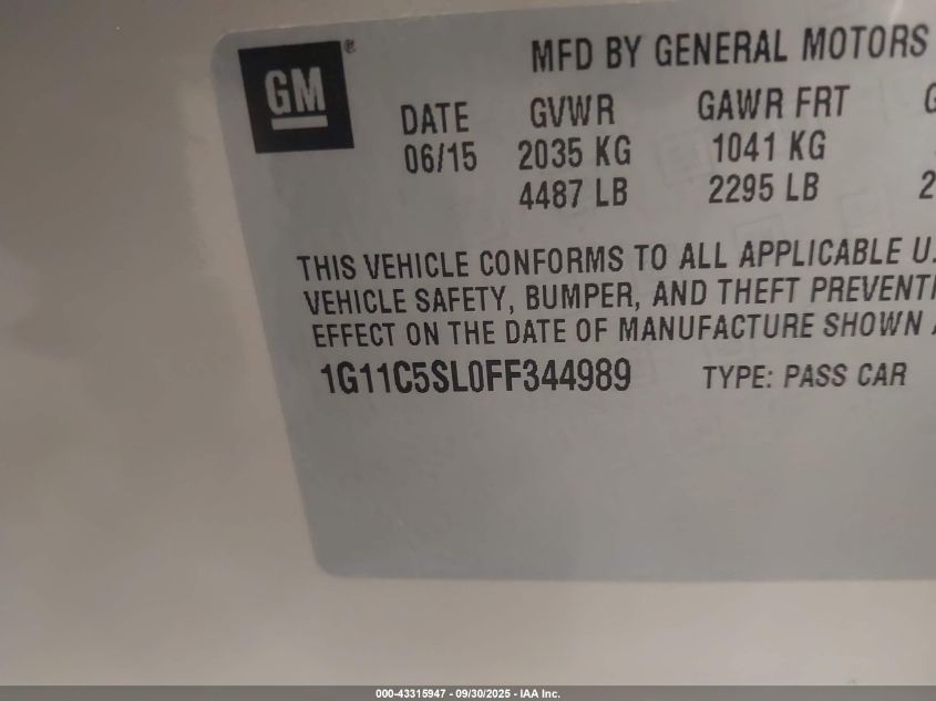 2015 Chevrolet Malibu 1Lt VIN: 1G11C5SL0FF344989 Lot: 43315947