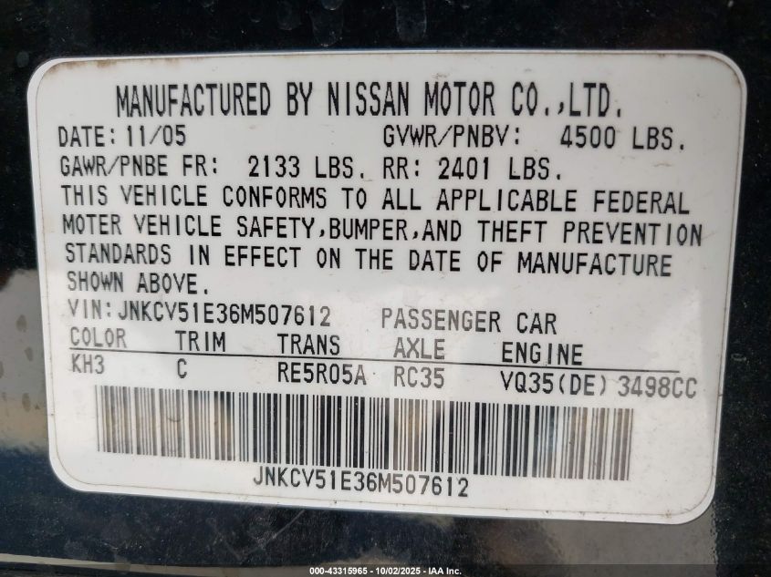 2006 Infiniti G35 VIN: JNKCV51E36M507612 Lot: 43315965