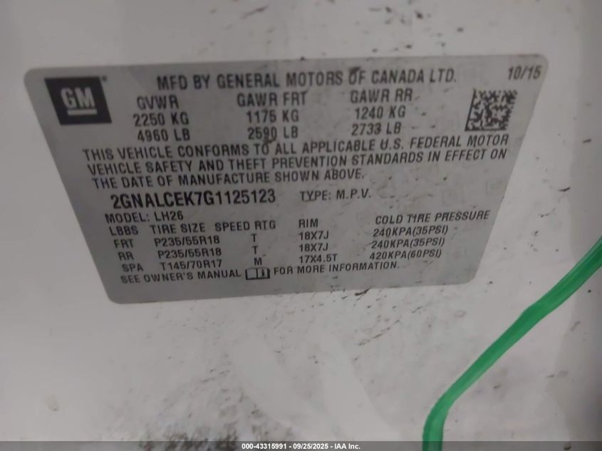 2016 Chevrolet Equinox Lt VIN: 2GNALCEK7G1125123 Lot: 43315991