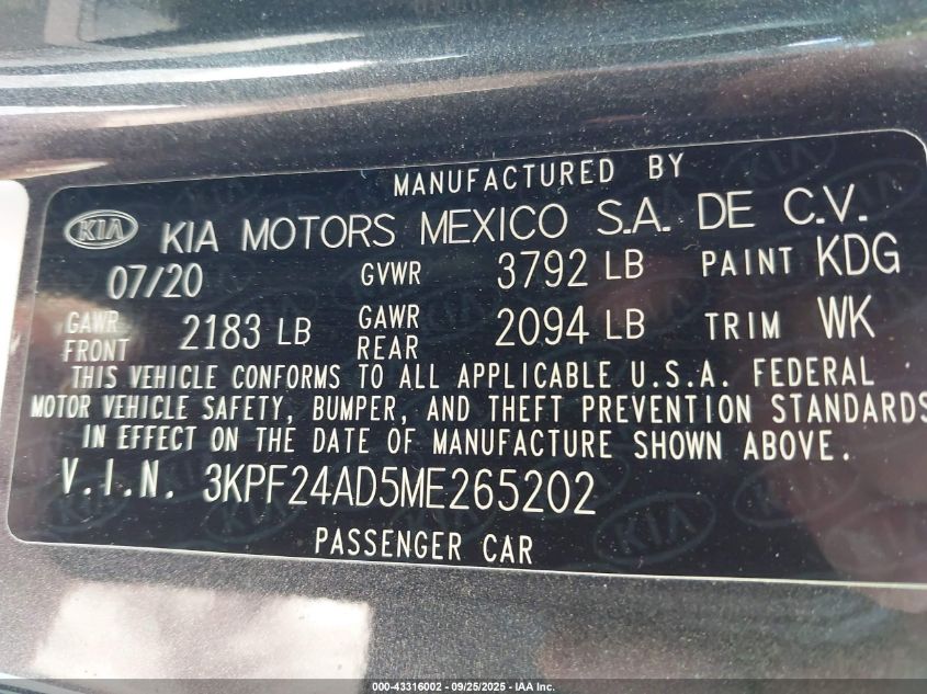 2021 Kia Forte Lxs VIN: 3KPF24AD5ME265202 Lot: 43316002