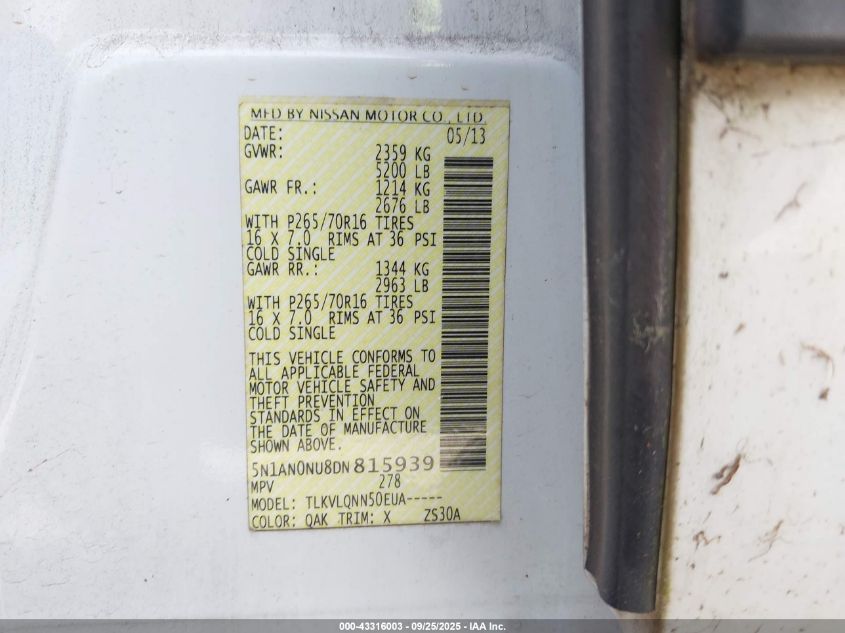 2013 Nissan Xterra X VIN: 5N1AN0NU8DN815939 Lot: 43316003