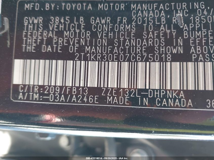 2007 Toyota Matrix Xr VIN: 2T1KR30E07C675018 Lot: 43316014