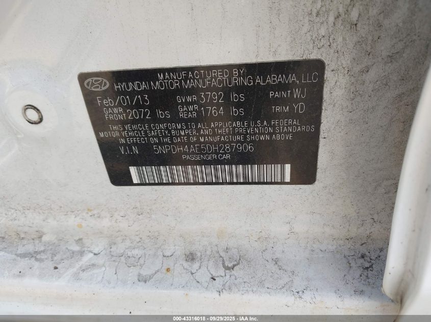 2013 Hyundai Elantra Gls/Limited VIN: 5NPDH4AE5DH287906 Lot: 43316018