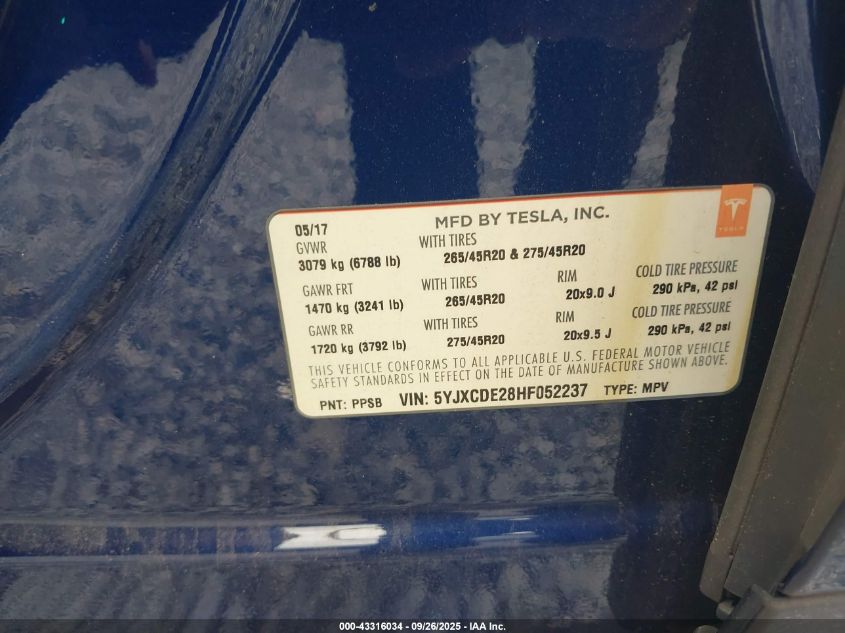 2017 Tesla Model X 100D/75D/90D VIN: 5YJXCDE28HF052237 Lot: 43316034
