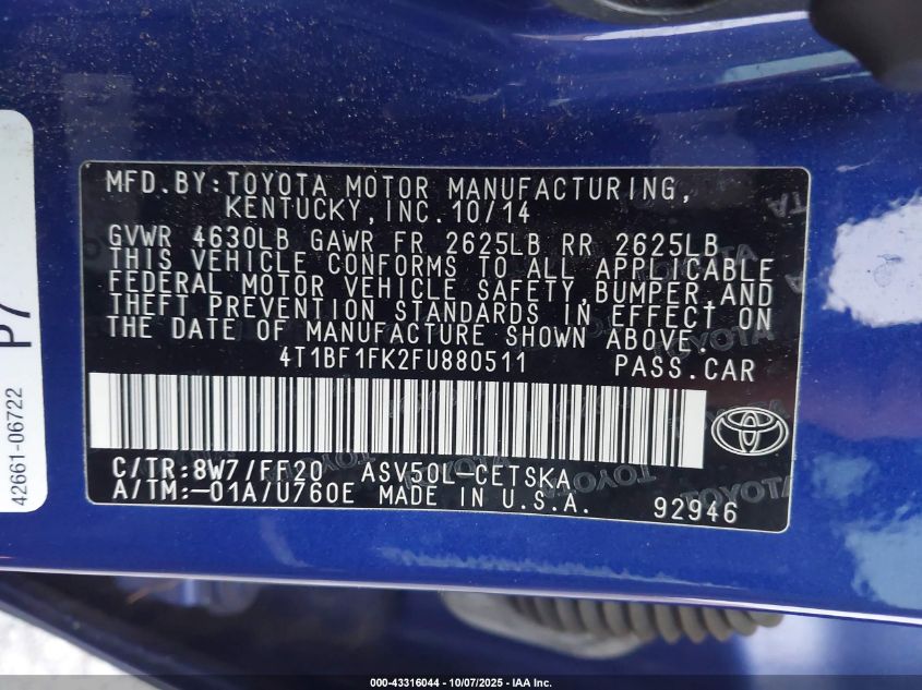 2015 Toyota Camry Se VIN: 4T1BF1FK2FU880511 Lot: 43316044