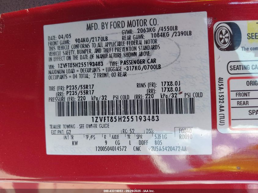 2005 Ford Mustang Gt VIN: 1ZVFT85H255193483 Lot: 43316053