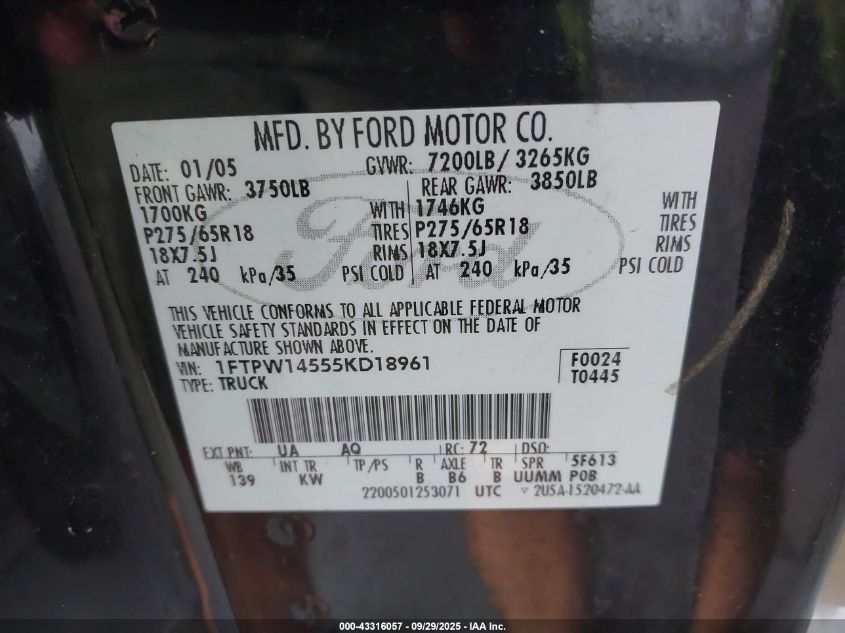 2005 Ford F-150 Fx4/Lariat/Xlt VIN: 1FTPW14555KD18961 Lot: 43316057