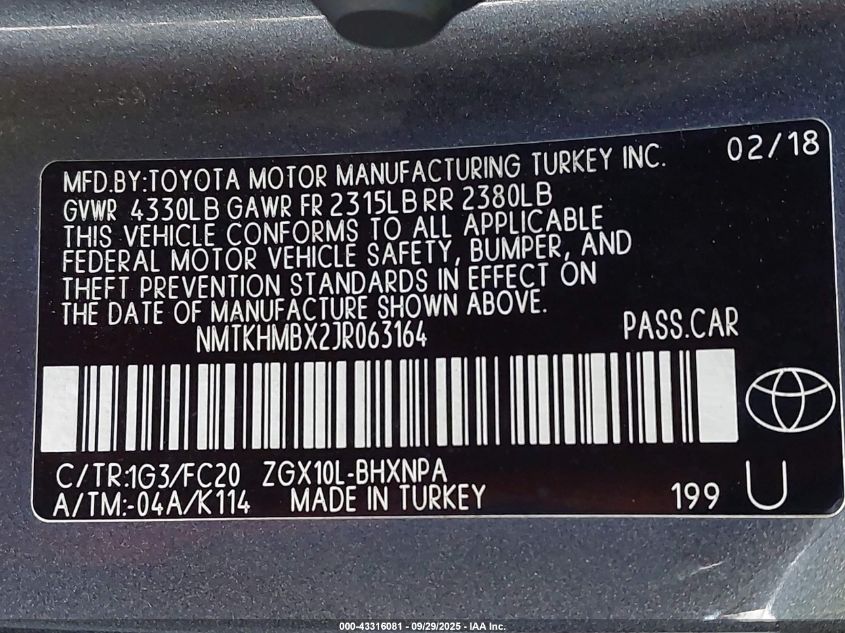 2018 Toyota C-Hr Xle VIN: NMTKHMBX2JR063164 Lot: 43316081