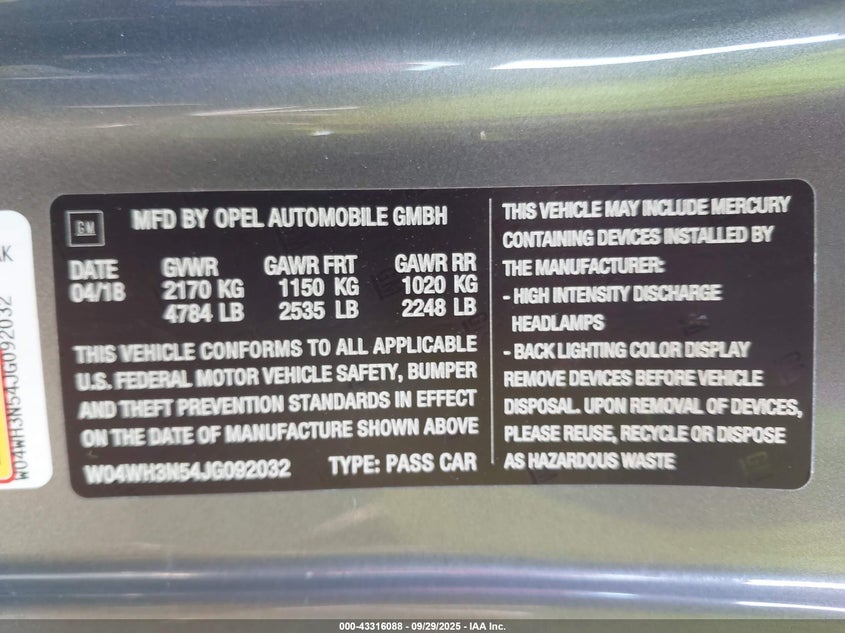 2018 Buick Cascada Premium VIN: W04WH3N54JG092032 Lot: 43316088