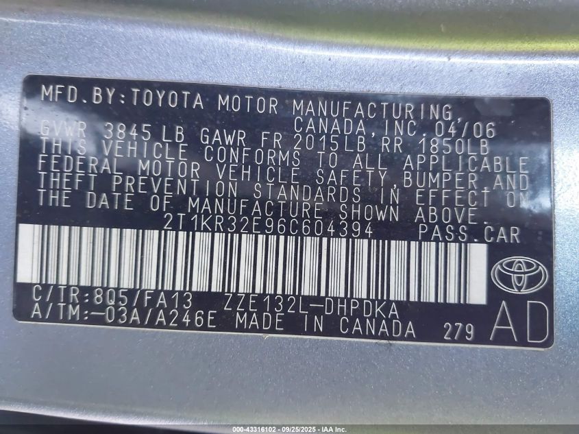 2006 Toyota Matrix VIN: 2T1KR32E96C604394 Lot: 43316102