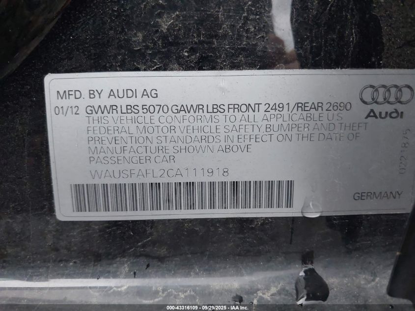 2012 Audi A4 2.0T Premium VIN: WAUSFAFL2CA111918 Lot: 43316109