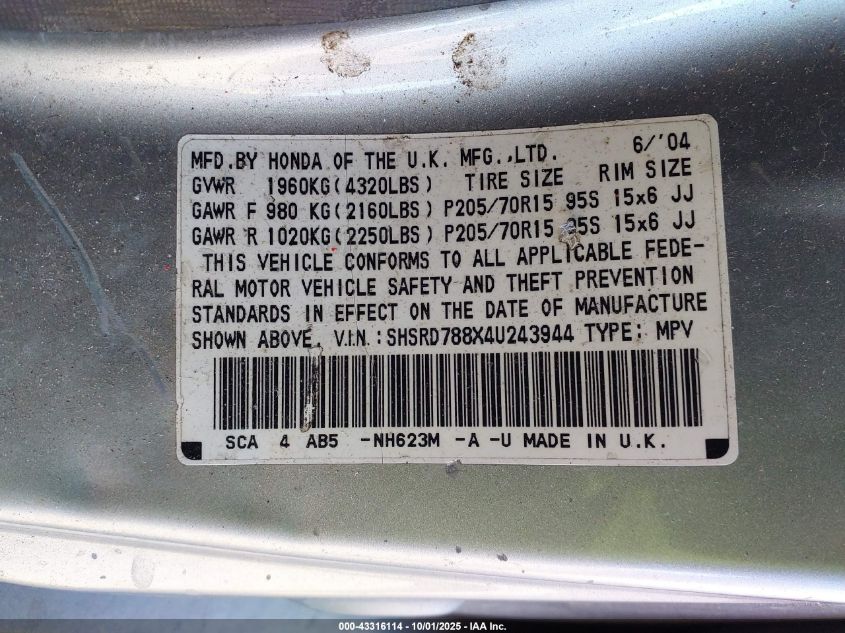2004 Honda Cr-V Ex VIN: SHSRD788X4U243944 Lot: 43316114