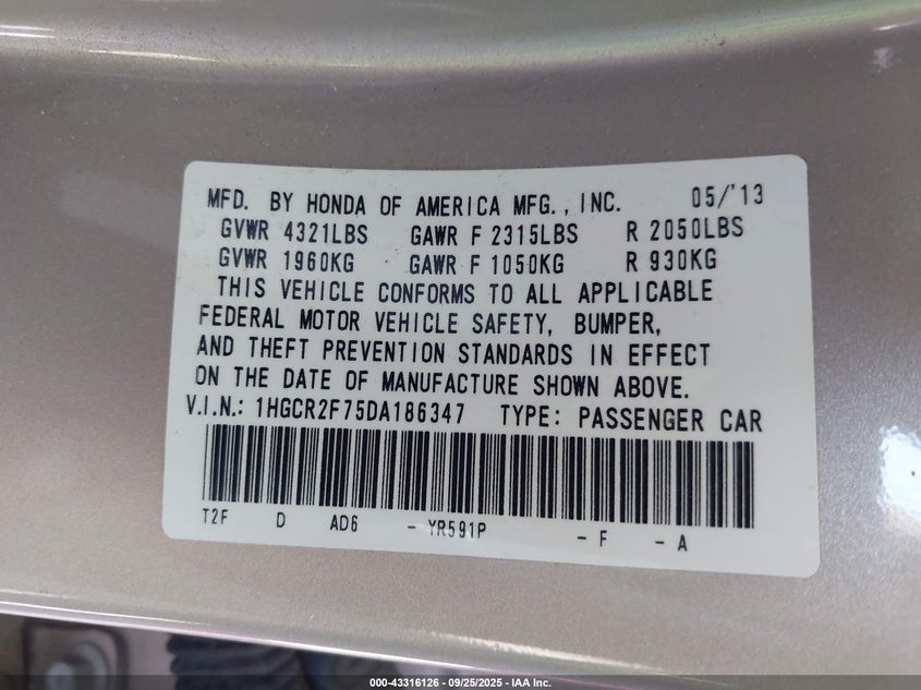 2013 Honda Accord Ex VIN: 1HGCR2F75DA186347 Lot: 43316126