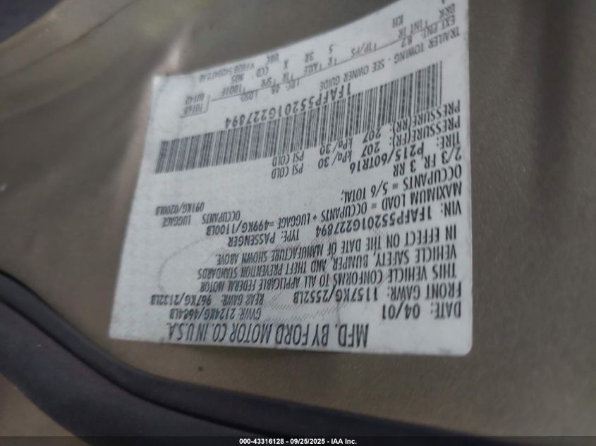 2001 Ford Taurus Ses VIN: 1FAFP55201G227894 Lot: 43316128