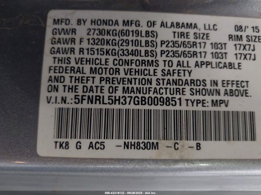 2016 Honda Odyssey Se VIN: 5FNRL5H37GB009851 Lot: 43316132