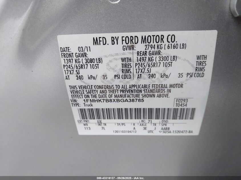 2011 Ford Explorer VIN: 1FMHK7B8XBGA38785 Lot: 43316137