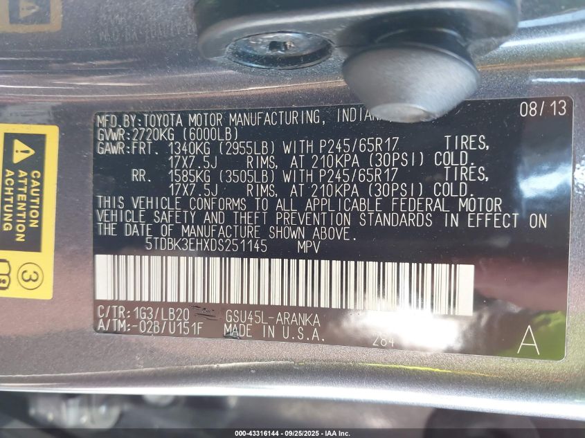 2013 Toyota Highlander Se V6 VIN: 5TDBK3EHXDS251145 Lot: 43316144