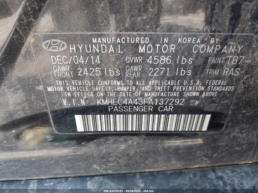 2015 Hyundai Sonata Hybrid VIN: KMHEC4A43FA137292 Lot: 43316151