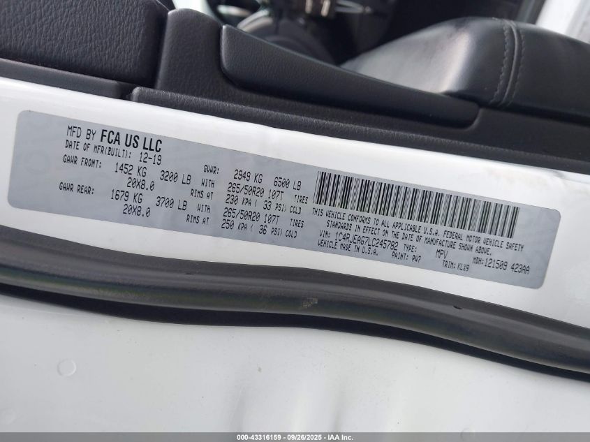 2020 Jeep Grand Cherokee Altitude 4X2 VIN: 1C4RJEAG7LC245782 Lot: 43316159