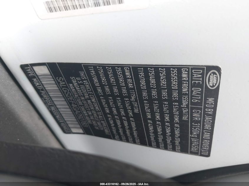 2016 Land Rover Range Rover 5.0L V8 Supercharged VIN: SALGS2EF4GA292783 Lot: 43316162