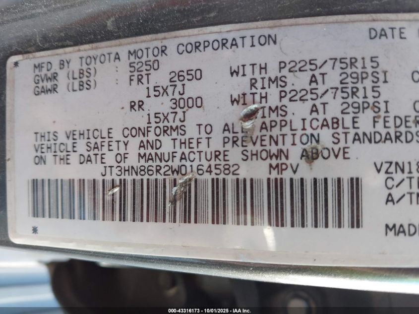 1998 Toyota 4Runner Sr5 V6 VIN: JT3HN86R2W0164582 Lot: 43316173